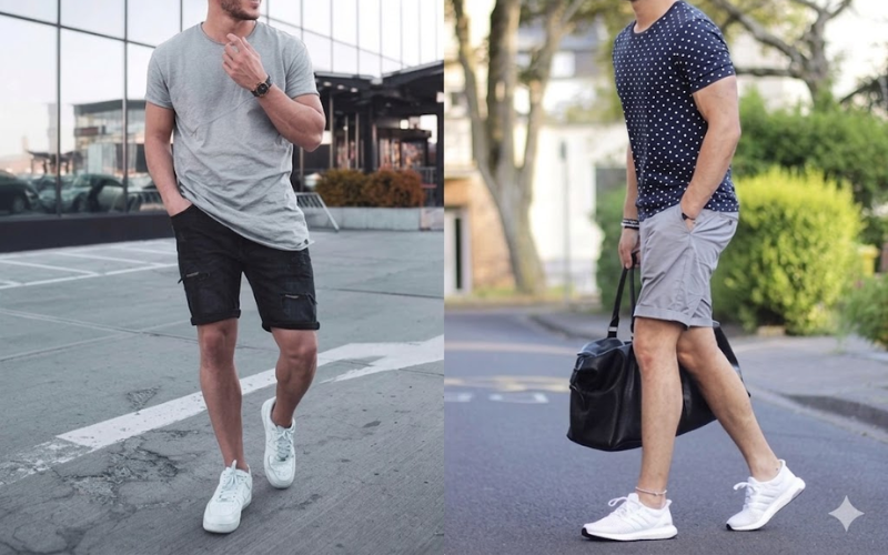 Quần short jean + Sneaker trắng