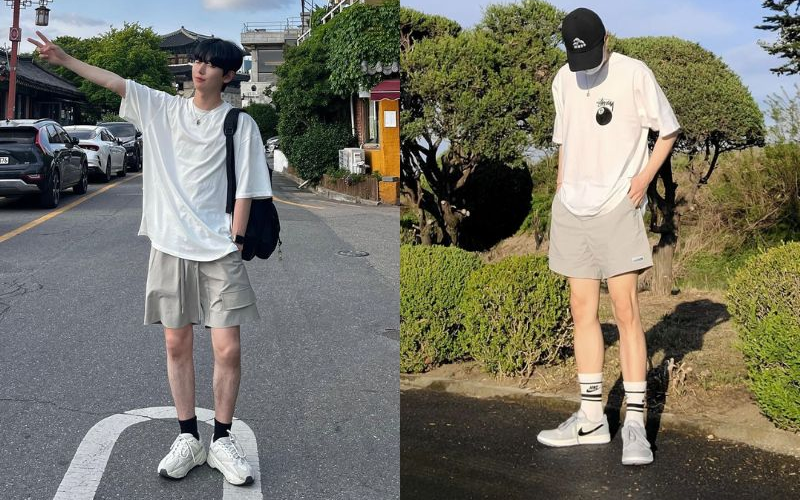 Quần short kaki + Giày sneaker tối giản