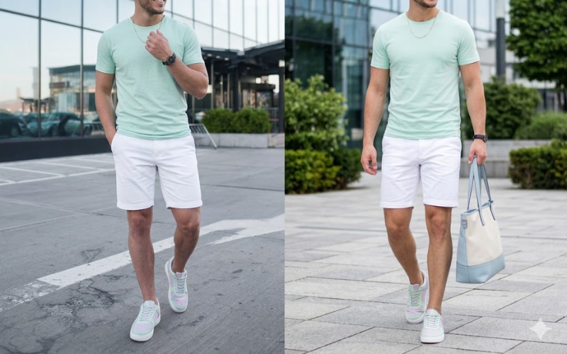 Quần short trắng + Giày pastel