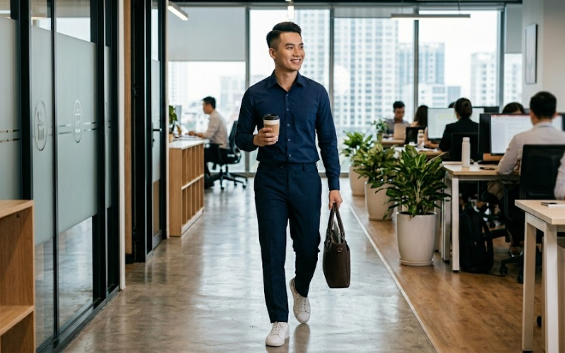 Quần tây + Giày trắng + Sơ mi công sở