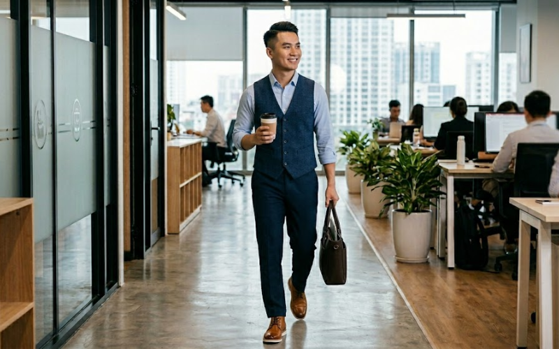 Quần tây + Áo Vest Casual + Giày cổ cao