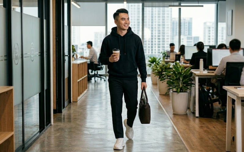 Quần tây đen + Chunky Sneakers + Áo Hoodie