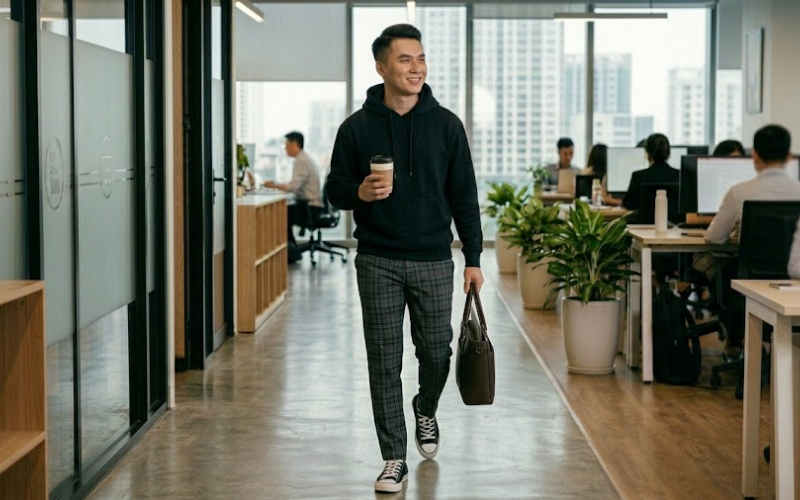 Quần tây kẻ caro + Sneaker basic đen