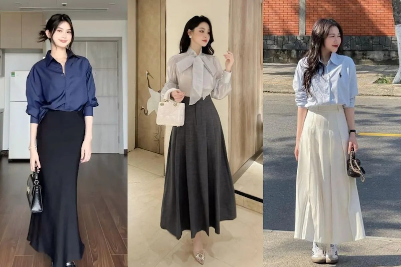 Chân váy công sở che bụng đẹp và tôn dáng cho nàng tự tin đi làm 50 Chân váy midi dáng suông phối áo thun mang lại vẻ thanh lịch và dễ chịu