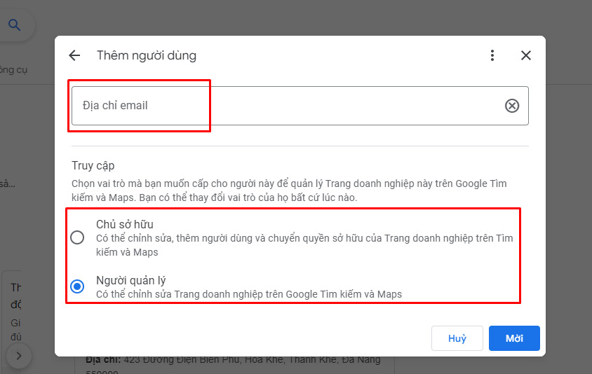 Cách Thêm Admin (Quản Trị Viên) Vào Google Map Chi Tiết Từng Bước 51 Nhập email và chọn vai trò Chủ sở hữu hoặc Người quản lý