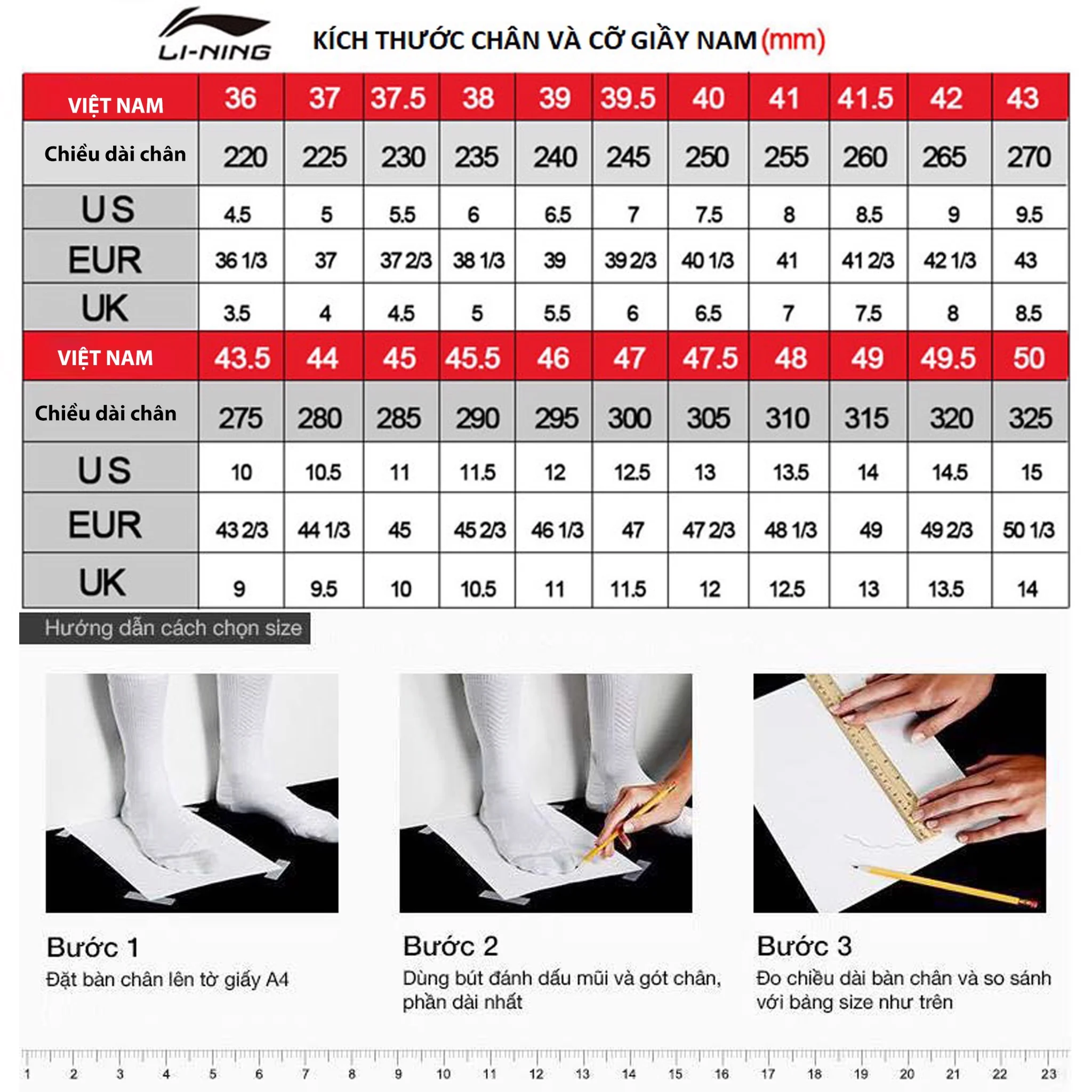 Hướng dẫn chọn giày thể thao, chọn size (theo Li-ning)