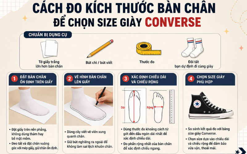 Cách đo kích thước bàn chân để chọn size giày Converse